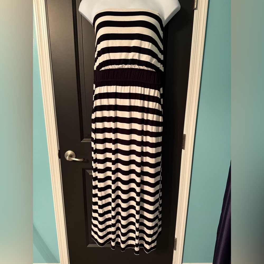 Lane Bryant Black and White Striped Strapless Maxi Dress